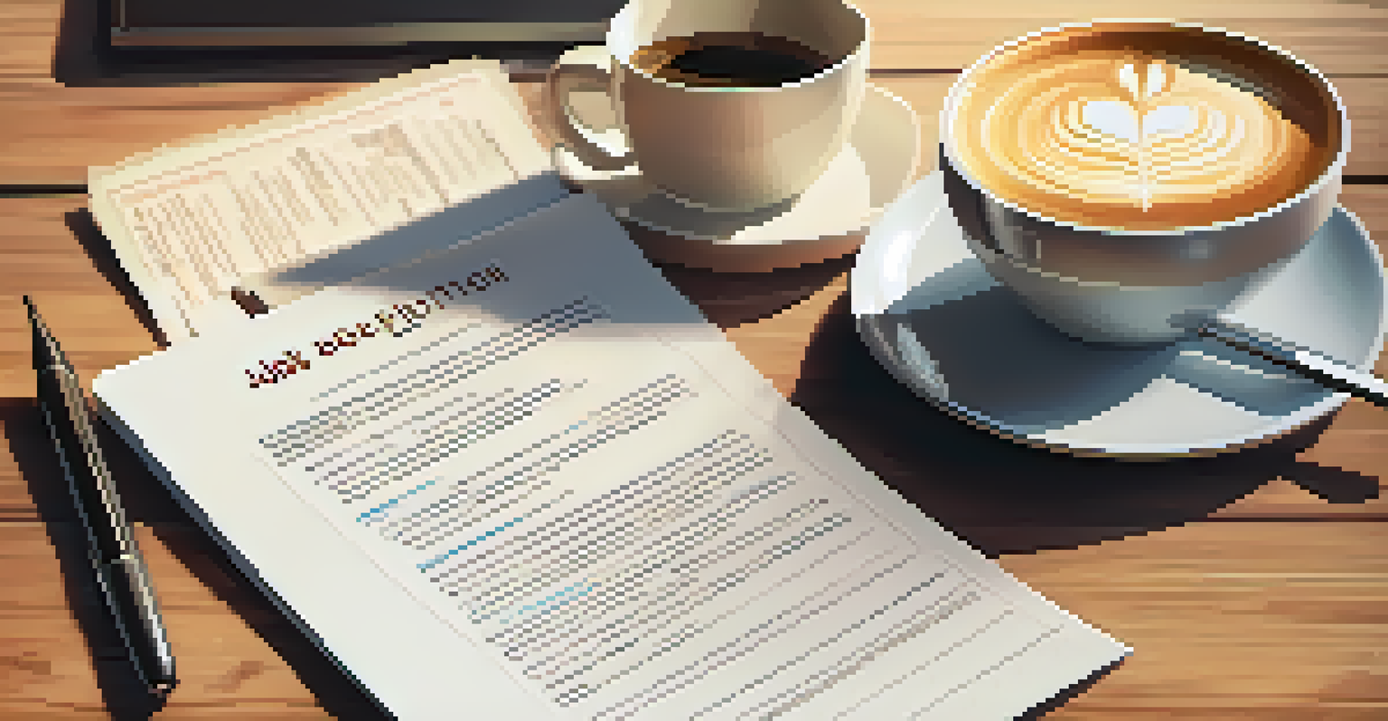 A close-up of a job description document on a wooden desk with a pen, laptop, and coffee cup in the background.