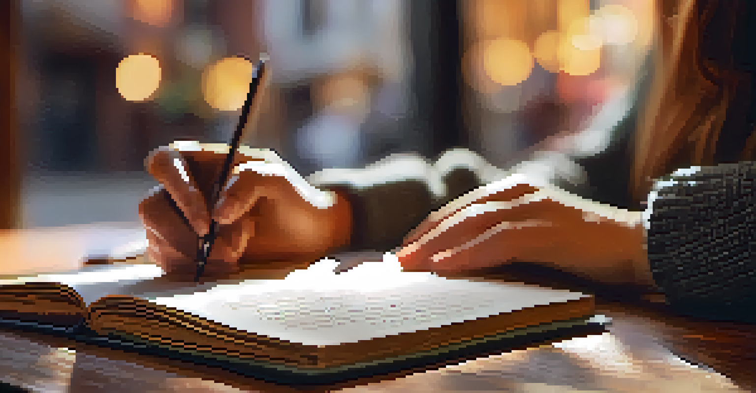 A close-up of hands writing in a journal at a cozy coffee shop with a cup of coffee.