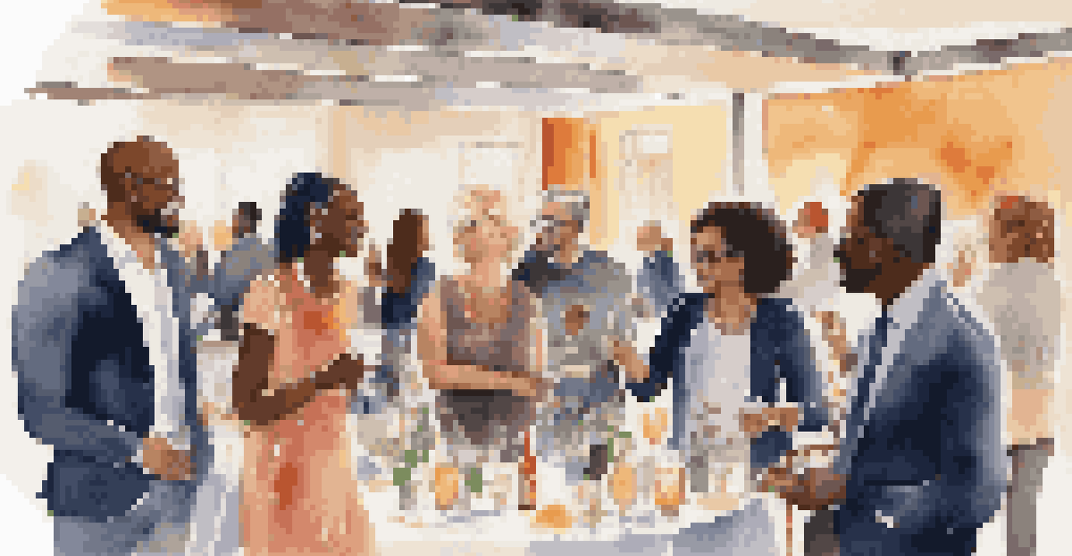 A diverse group of professionals networking and sharing stories at a lively event, with a focus on collaboration.