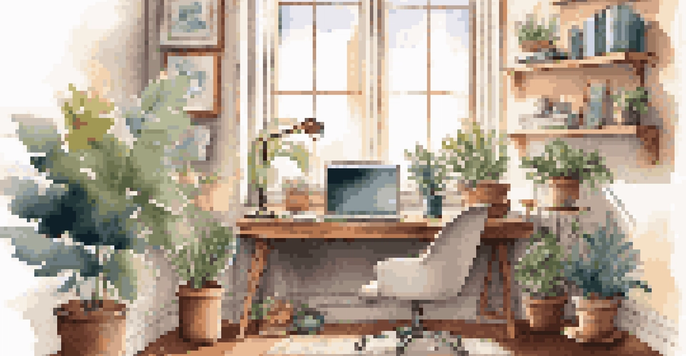 A cozy home office with a stylish desk, laptop, chair, and decorative plants, illuminated by natural light.