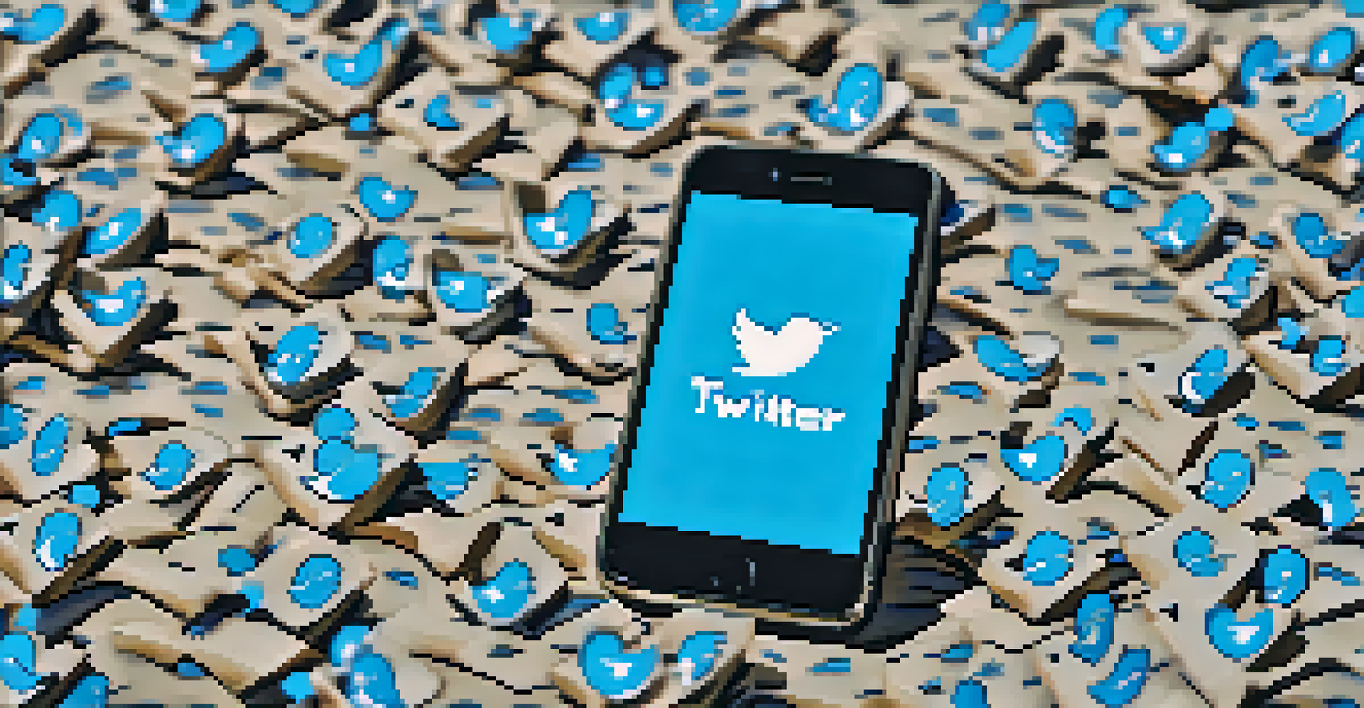 A close-up of a smartphone showing a Twitter feed with hashtags related to networking and career development, placed on a stylish desk.