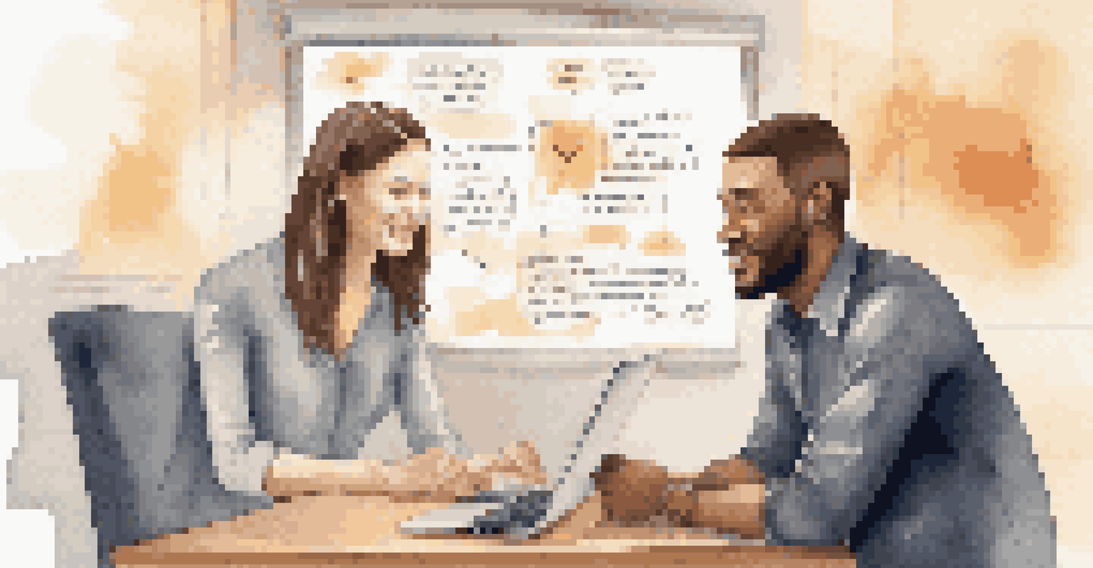 Two employees discussing feedback in a warm meeting room, with a laptop displaying a presentation and motivational quotes on the walls.