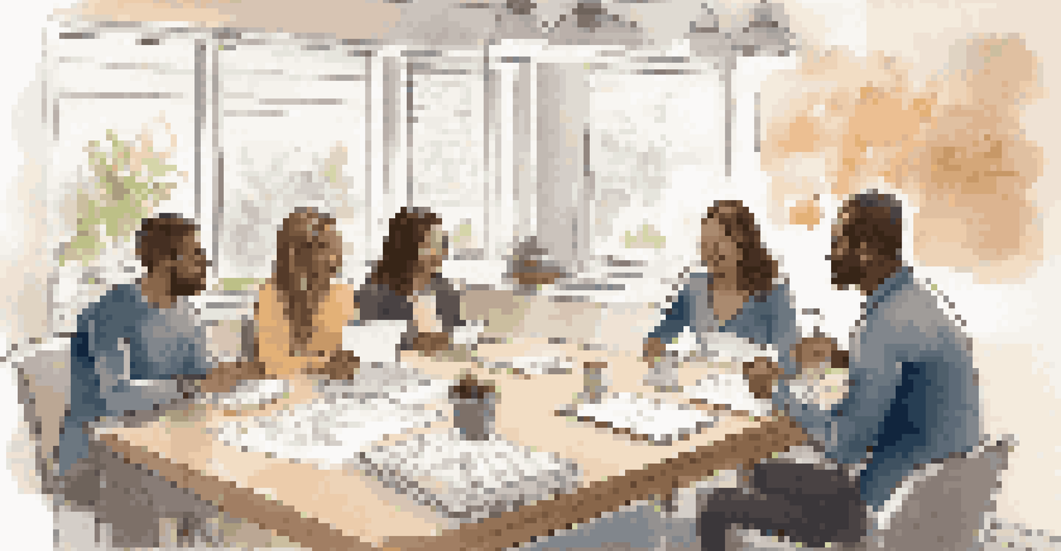 A small team gathered around a table in a warmly lit room, discussing feedback with notepads and coffee cups present.