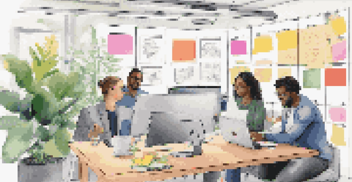 A diverse group of professionals working together in a bright, modern workspace with a laptop displaying blockchain technology.