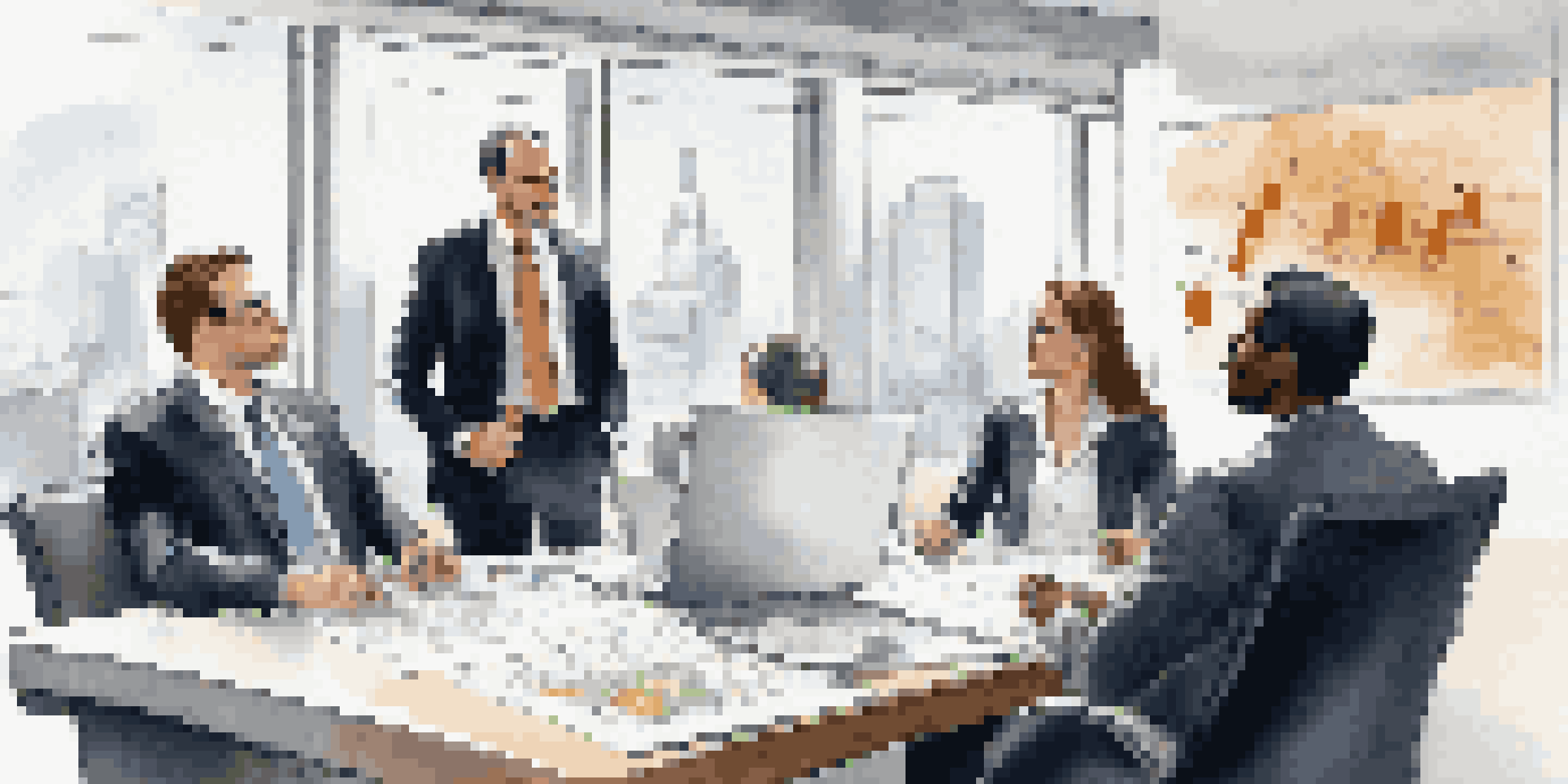 A diverse group of professionals discussing financial reports in a bright office setting, surrounded by charts and laptops.