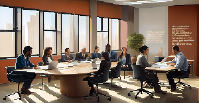 A diverse group of professionals having a discussion in a bright office, focusing on ethics, with laptops and inspiring quotes on the walls.
