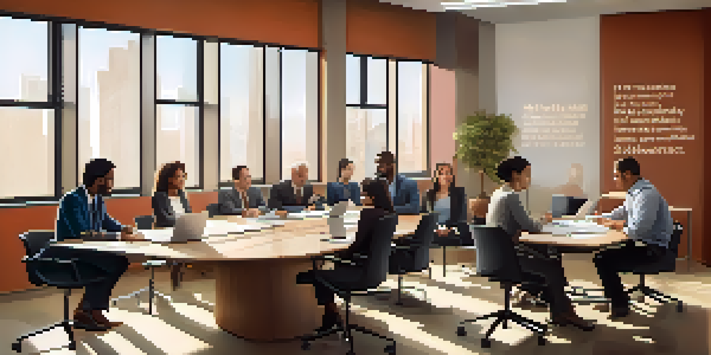 A diverse group of professionals having a discussion in a bright office, focusing on ethics, with laptops and inspiring quotes on the walls.