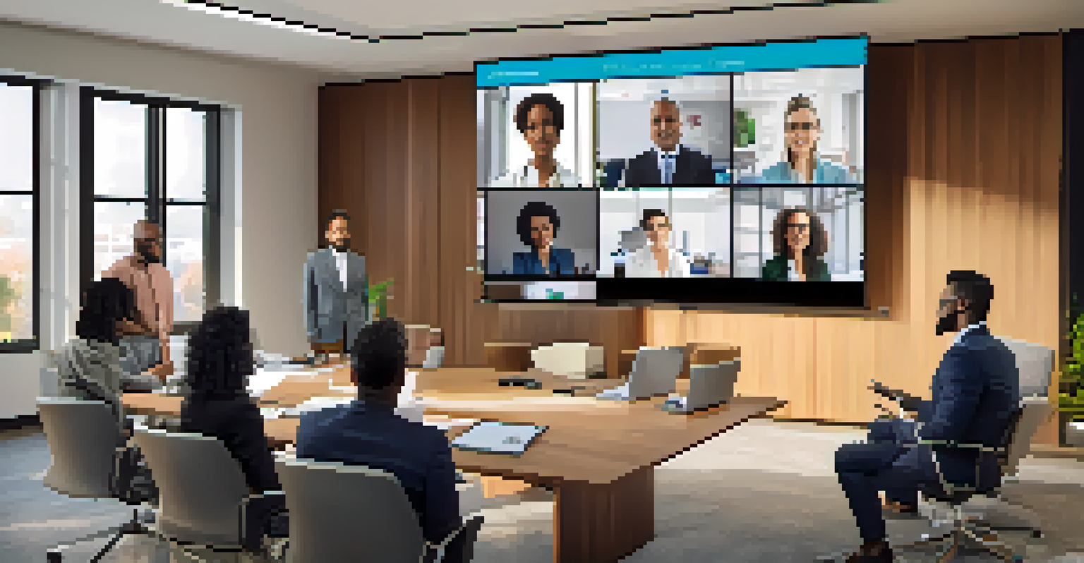 A modern conference room with a large screen showing a virtual meeting with diverse participants.