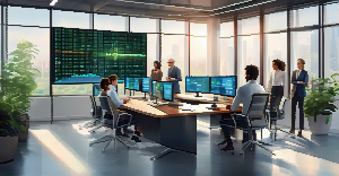 A diverse group of professionals in a modern office discussing blockchain technology, with screens displaying data and graphs.