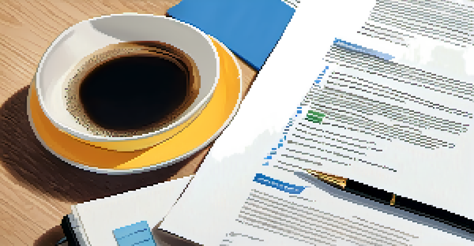 A close-up view of a well-organized resume on a desk, with a laptop and coffee cup in the background.