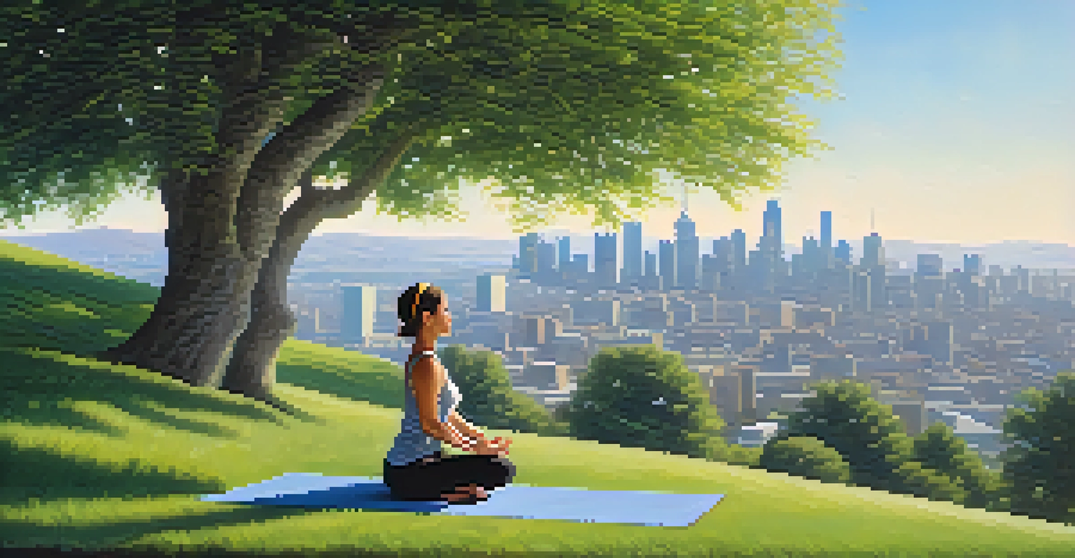 A person practicing yoga on a hill with a city skyline in the background, symbolizing a balance between nature and work.
