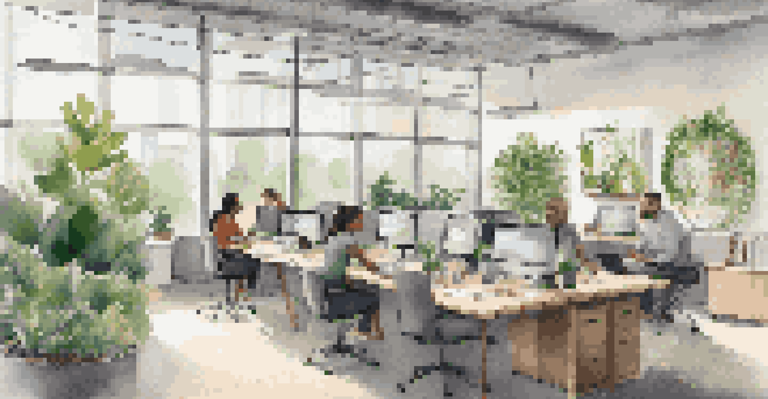 A bright and modern office space with large windows, where a diverse group of professionals is collaborating around a table with laptops.