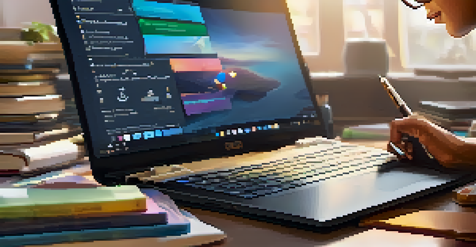 Close-up of hands typing on a laptop amidst digital learning tools like notebooks and tablets.