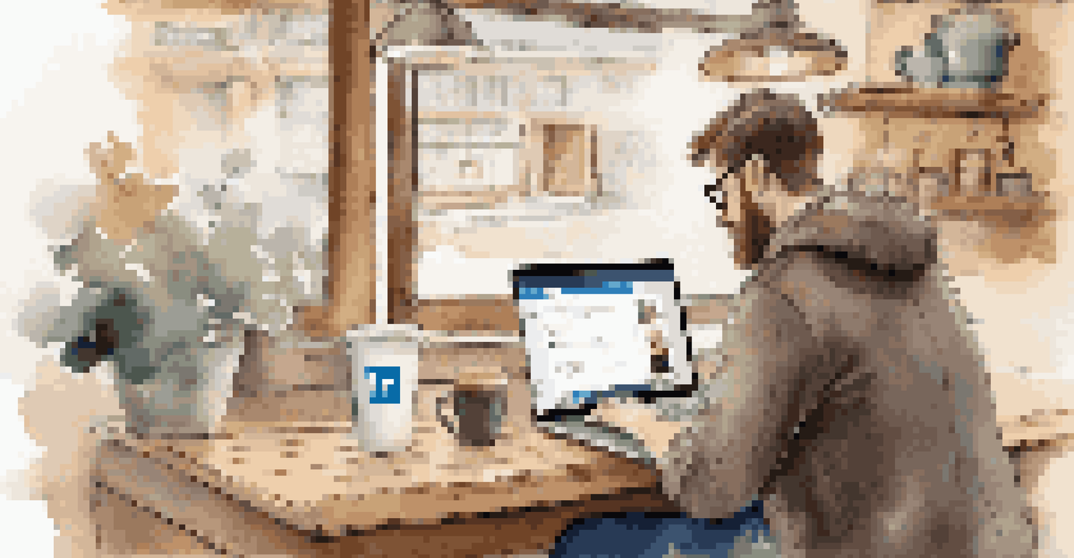 A person editing their LinkedIn profile on a laptop in a cozy cafe, with a cup of coffee nearby.