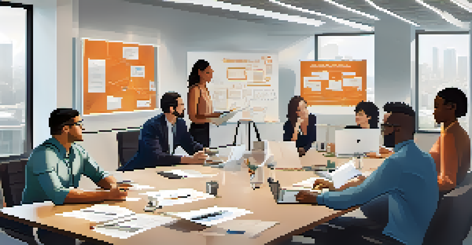 A diverse team of professionals collaborating around a conference table with laptops and notepads, surrounded by motivational posters.