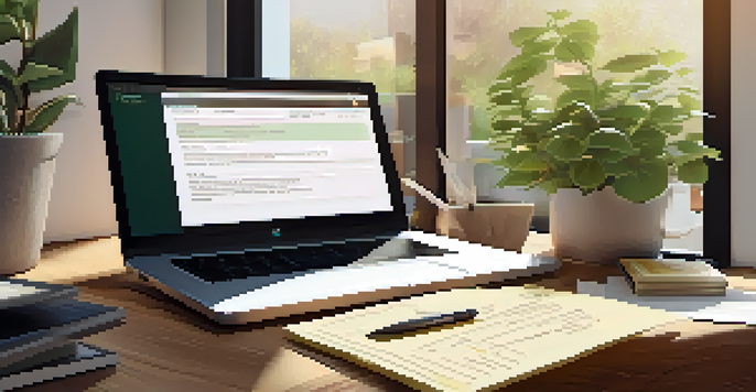 A peaceful workspace featuring a wooden desk with a laptop, motivational quotes, coffee, and a plant, illuminated by natural light.