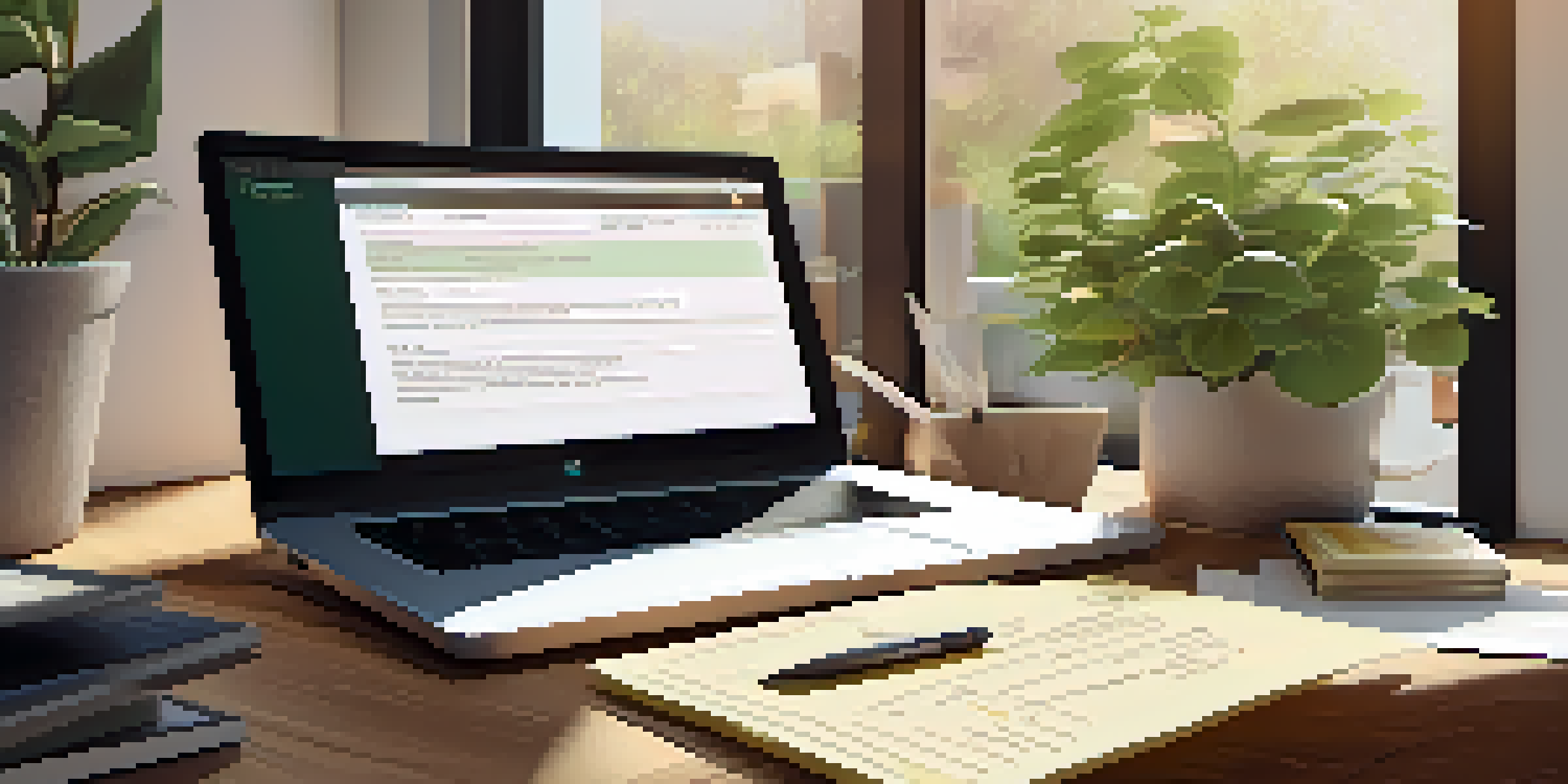 A peaceful workspace featuring a wooden desk with a laptop, motivational quotes, coffee, and a plant, illuminated by natural light.
