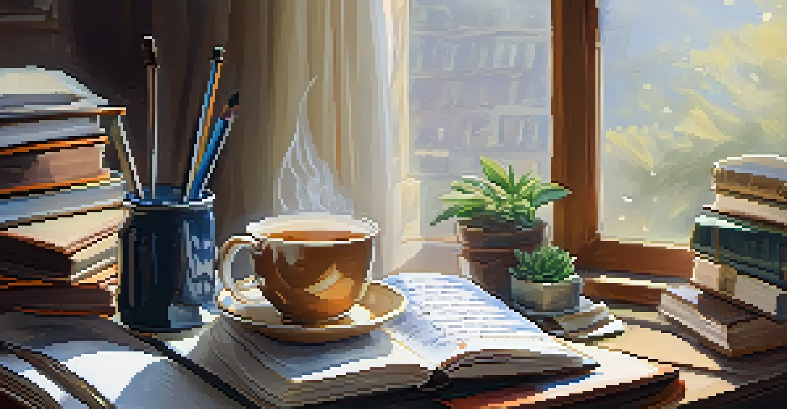 A hand writing in a journal with motivational books and a cup of tea, symbolizing personal growth.