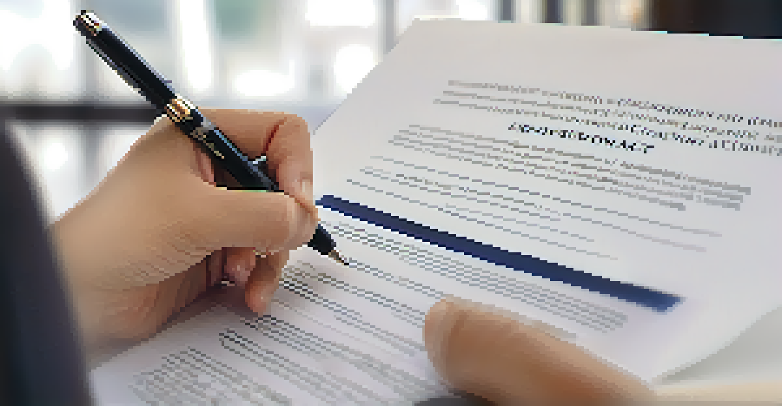 A close-up view of a hand holding a pen over a signed employment contract in a professional office environment.