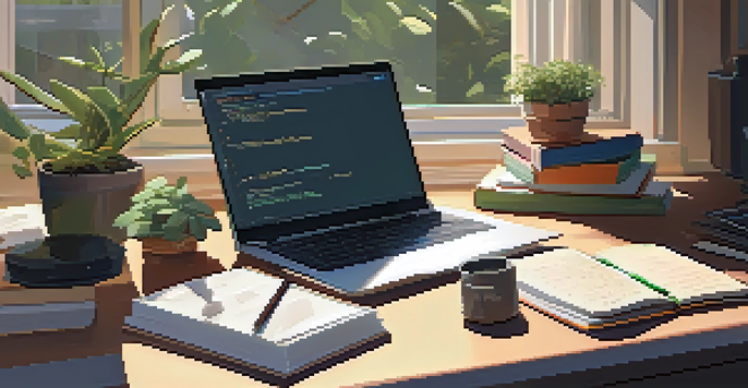 A modern workspace with a laptop, books on technical skills, and a potted plant, illuminated by soft morning light.