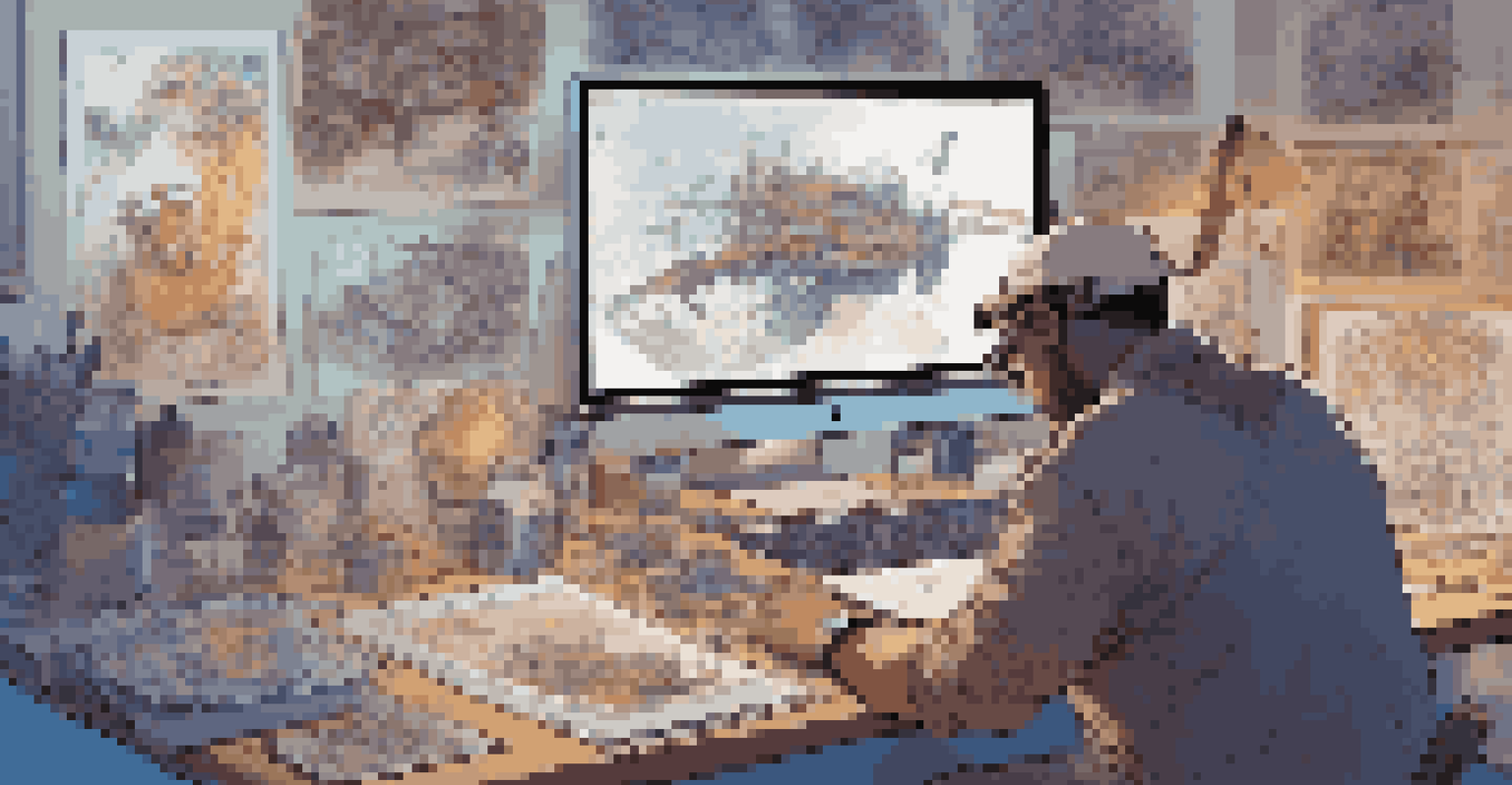 An artist designing an augmented reality game in their studio, surrounded by sketches and a glowing computer screen.