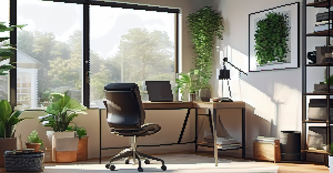 A cozy home office with a laptop, plants, and a motivational quote on the wall.