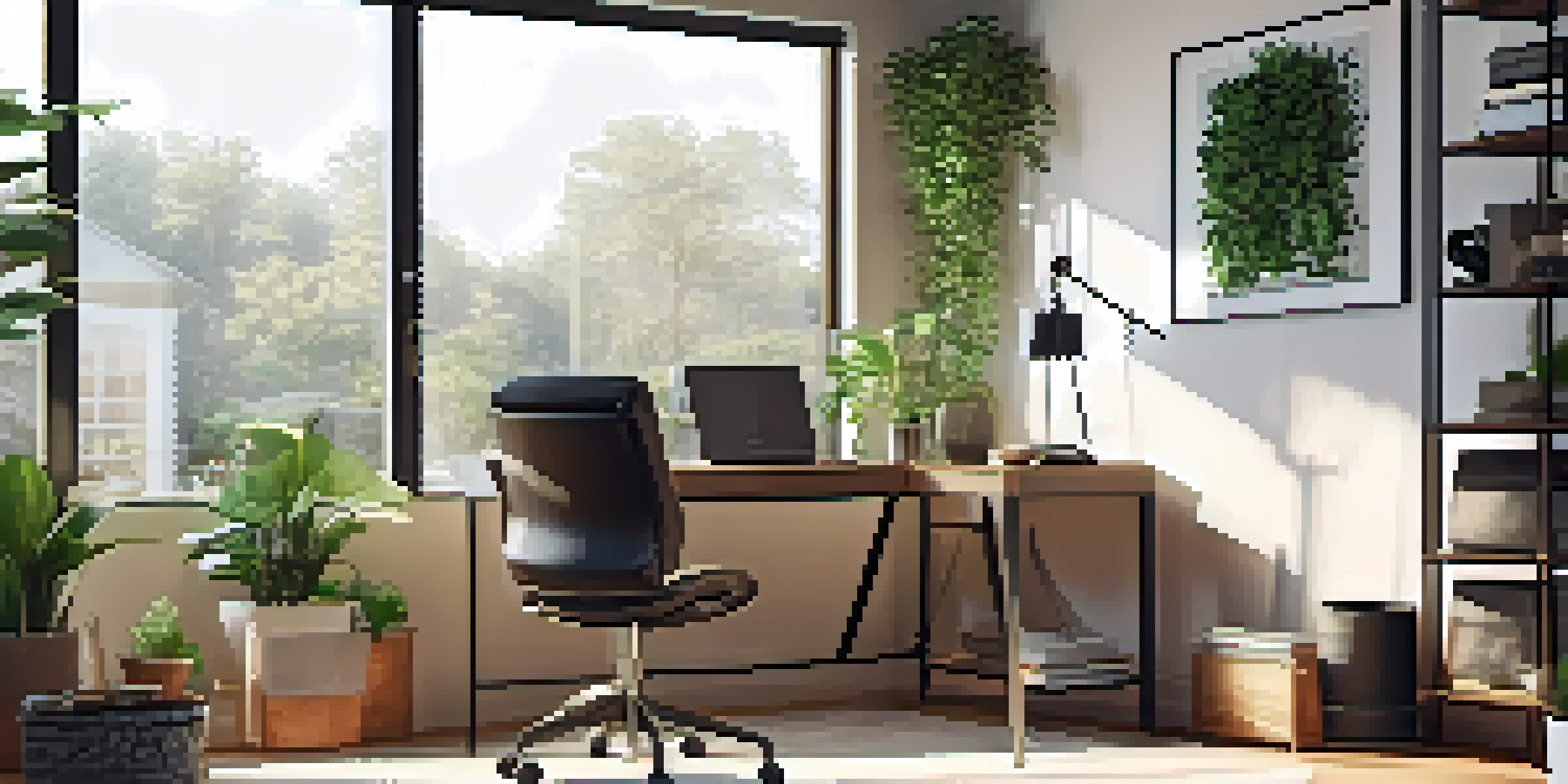 A cozy home office with a laptop, plants, and a motivational quote on the wall.