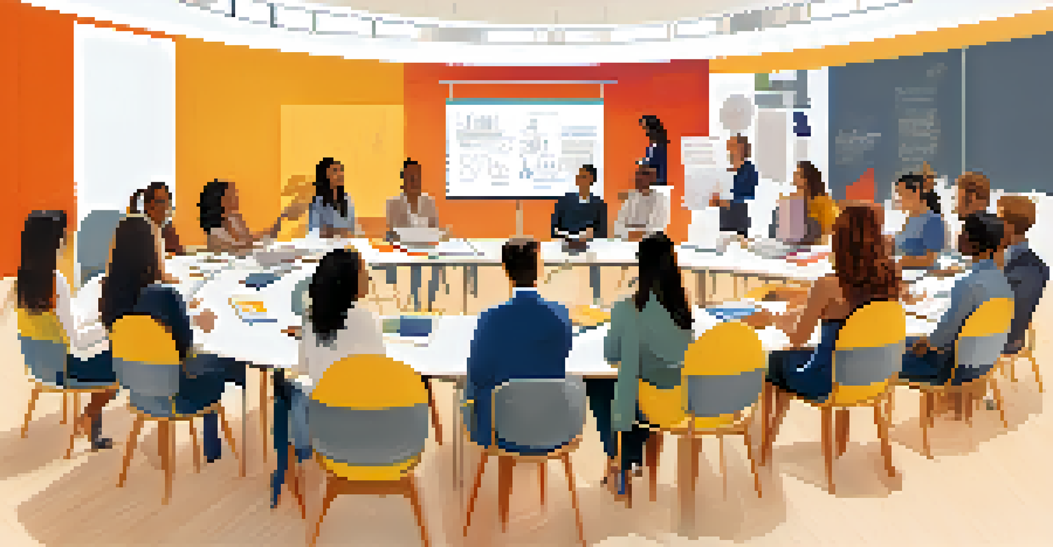 A diverse team in a circle sharing feedback during a 360-degree session, with notepads and a whiteboard showing insights.