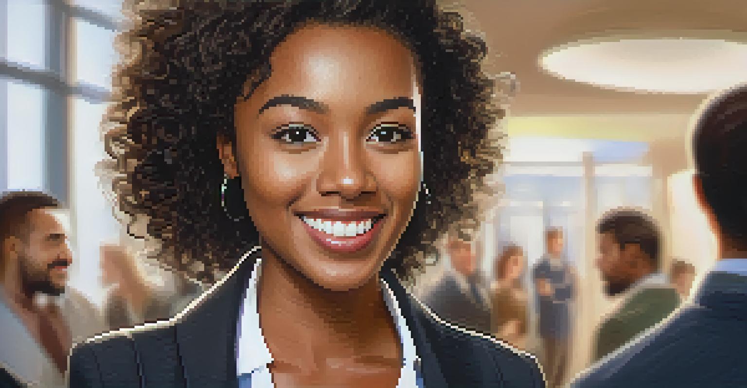 A confident individual giving an elevator pitch at a networking event, surrounded by blurred figures of other attendees.