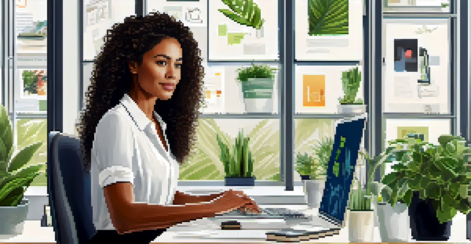 A professional woman typing on her laptop at a modern office desk, surrounded by plants and motivational quotes, with a picture of a conference in the background.