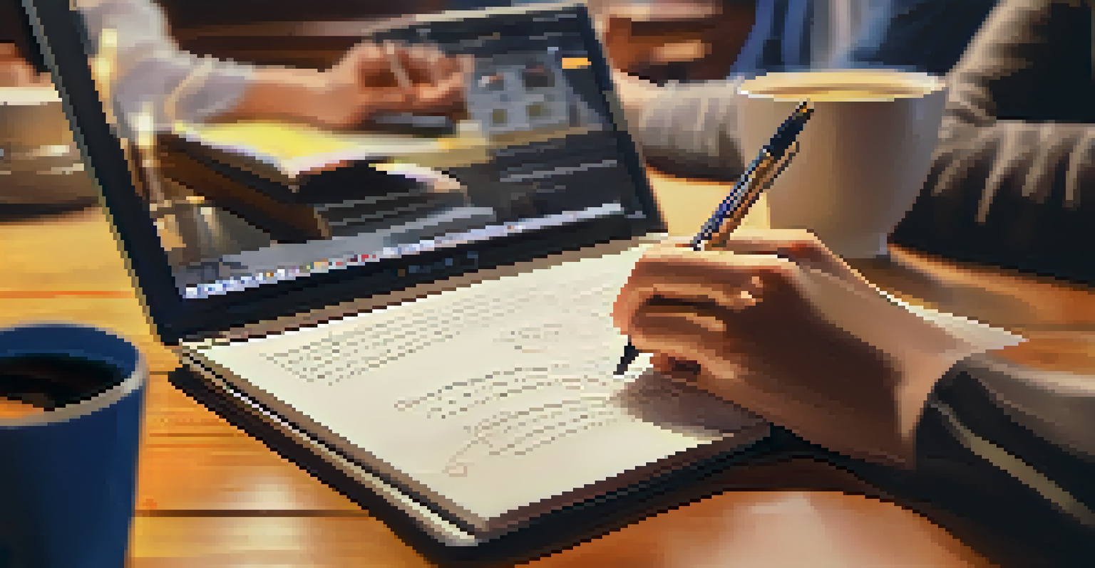Close-up of hands on a laptop and notebook in a cozy café setting with warm lighting and a blurred background.