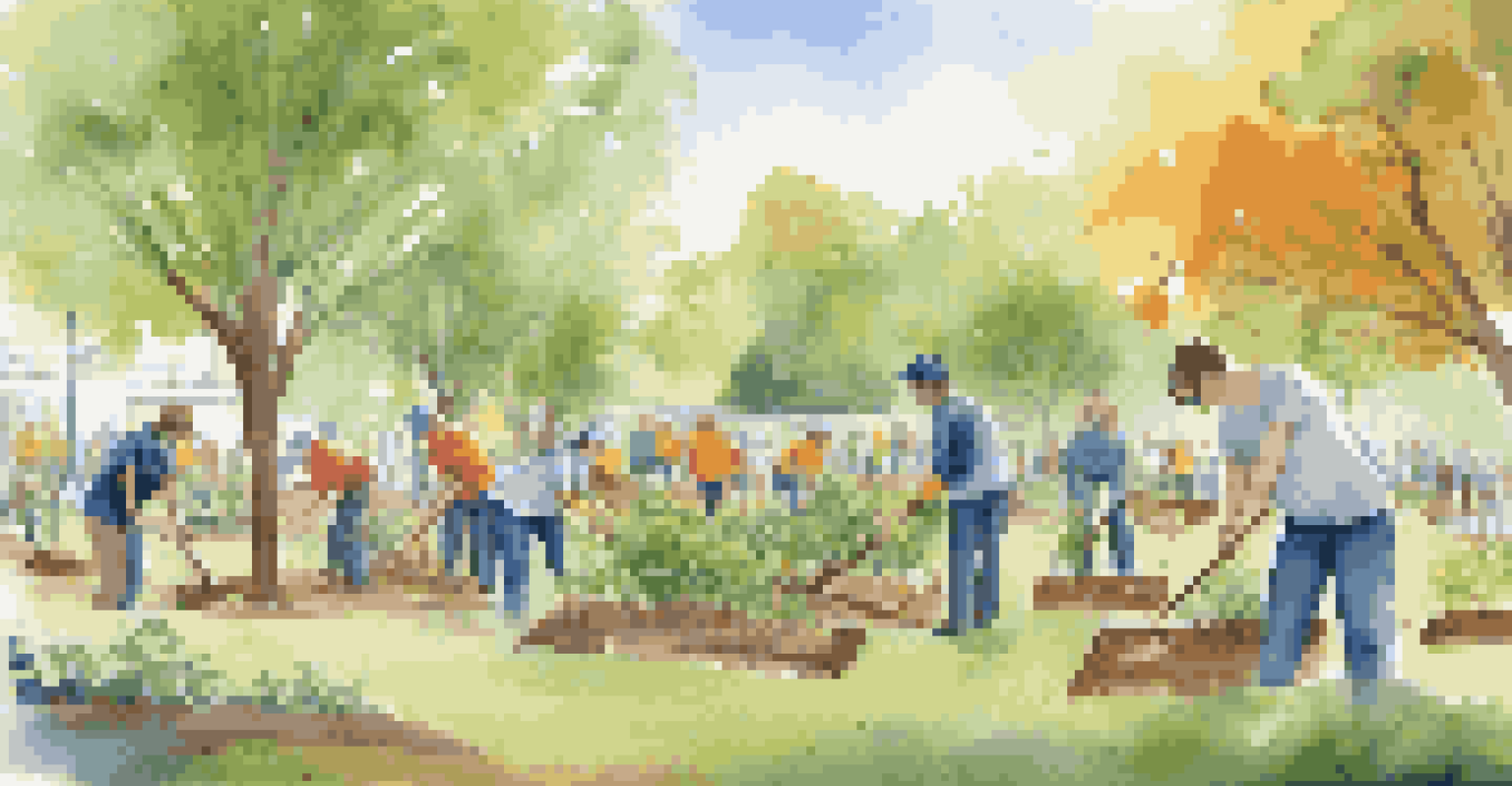 Employees volunteering at a community event, planting trees in a park, showcasing teamwork and community spirit, with sustainability banners in the background.