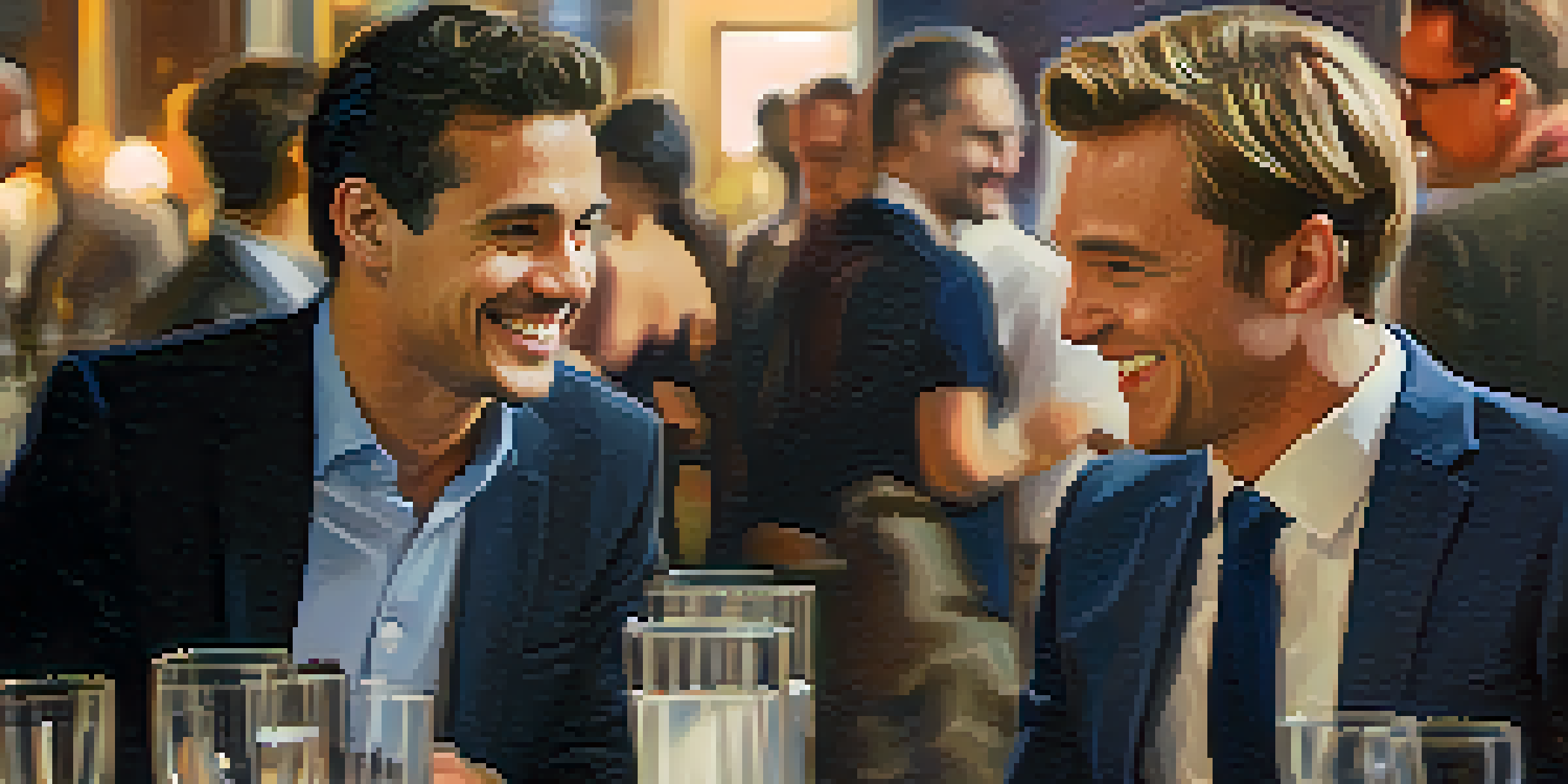 Two professionals smiling and talking at a networking event, with a blurred background of people and tables.