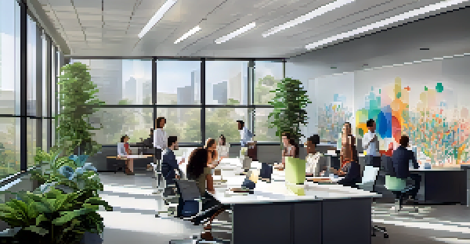 A contemporary office with a glass conference room where diverse employees are brainstorming together, surrounded by bright light and greenery.