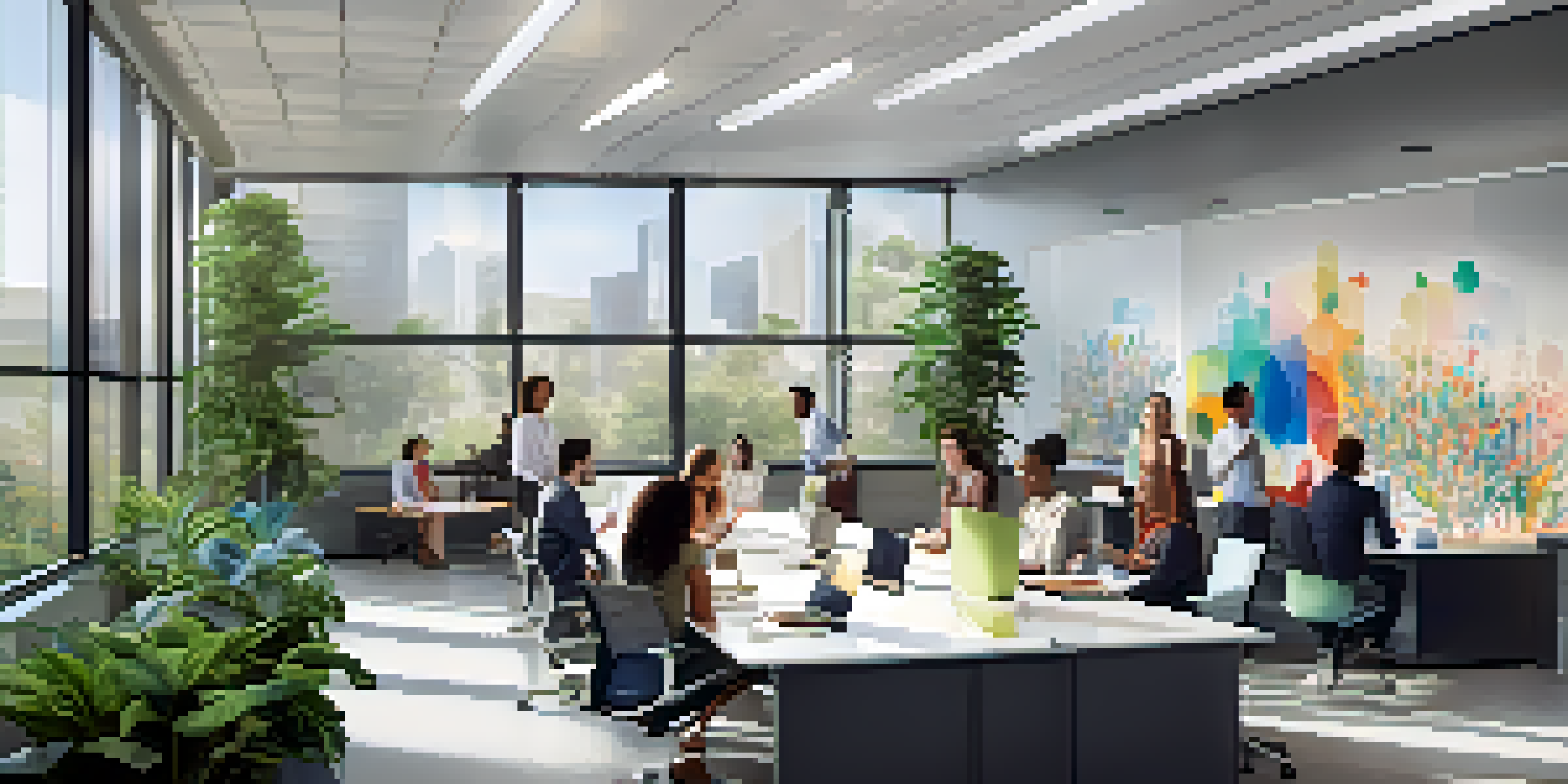 A contemporary office with a glass conference room where diverse employees are brainstorming together, surrounded by bright light and greenery.