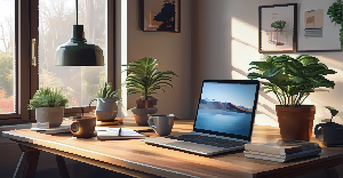 A warm and inviting home office with a desk, laptop, coffee mug, and a plant, illuminated by natural light.