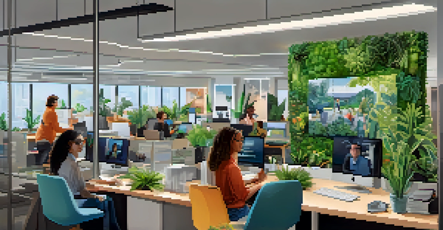 A hybrid workspace illustrating both in-office employees and remote workers engaged in a video call.