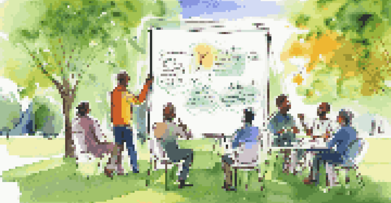 A team of professionals brainstorming ideas outdoors in a park, using a whiteboard under the sun.