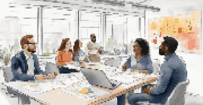 A diverse group of professionals in a bright office, actively participating in a peer feedback session, showcasing teamwork and communication.