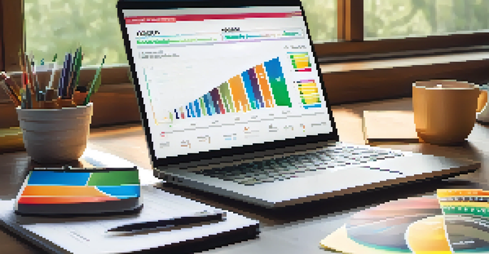 A financial planner's desk with a laptop showing a credit score report, colorful charts, and a notepad, illuminated by soft natural light.