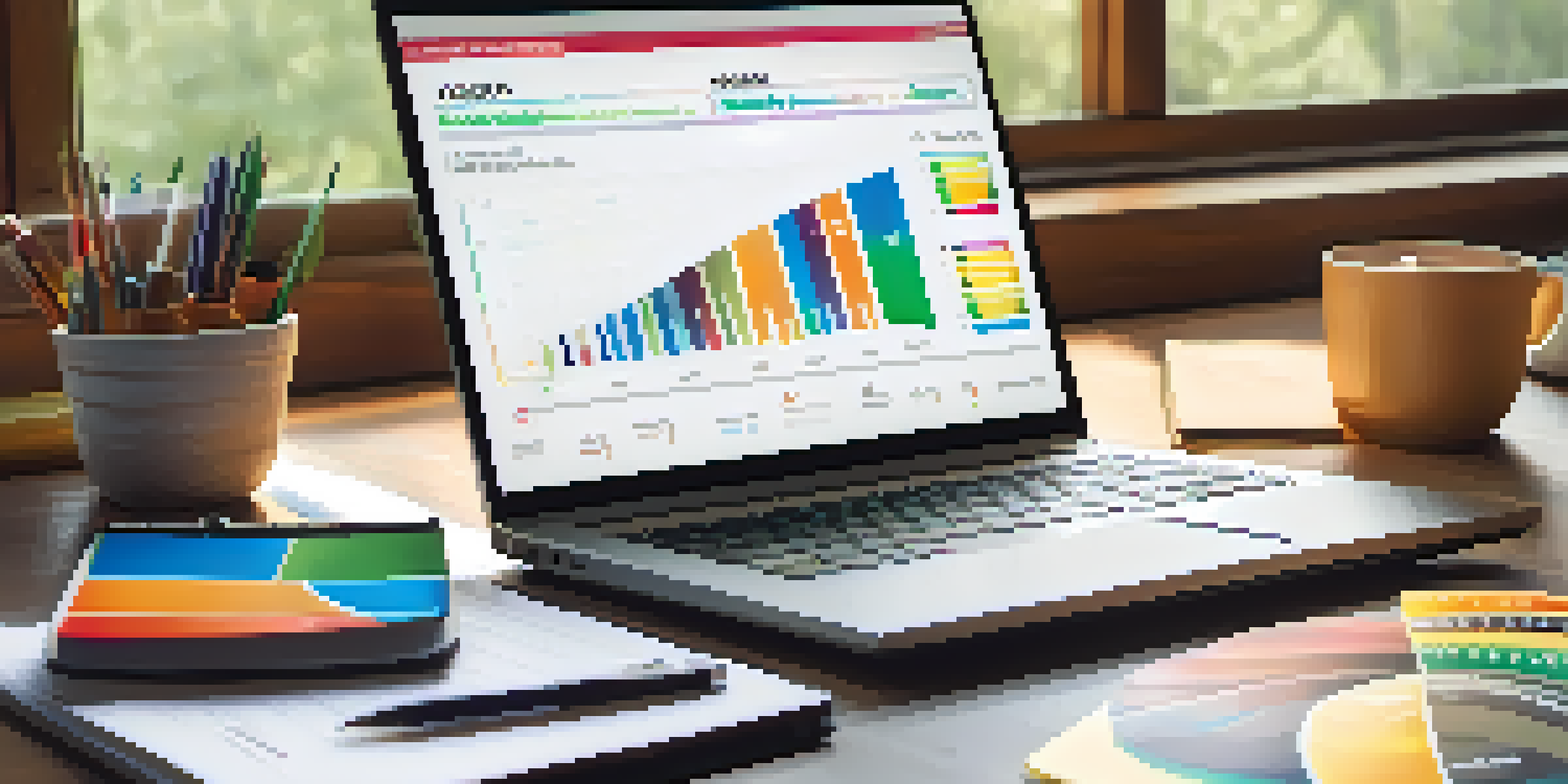 A financial planner's desk with a laptop showing a credit score report, colorful charts, and a notepad, illuminated by soft natural light.