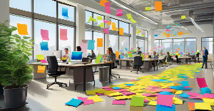 A vibrant office scene where diverse employees are collaborating at a large table filled with colorful post-it notes and laptops, surrounded by bright natural light and plants.