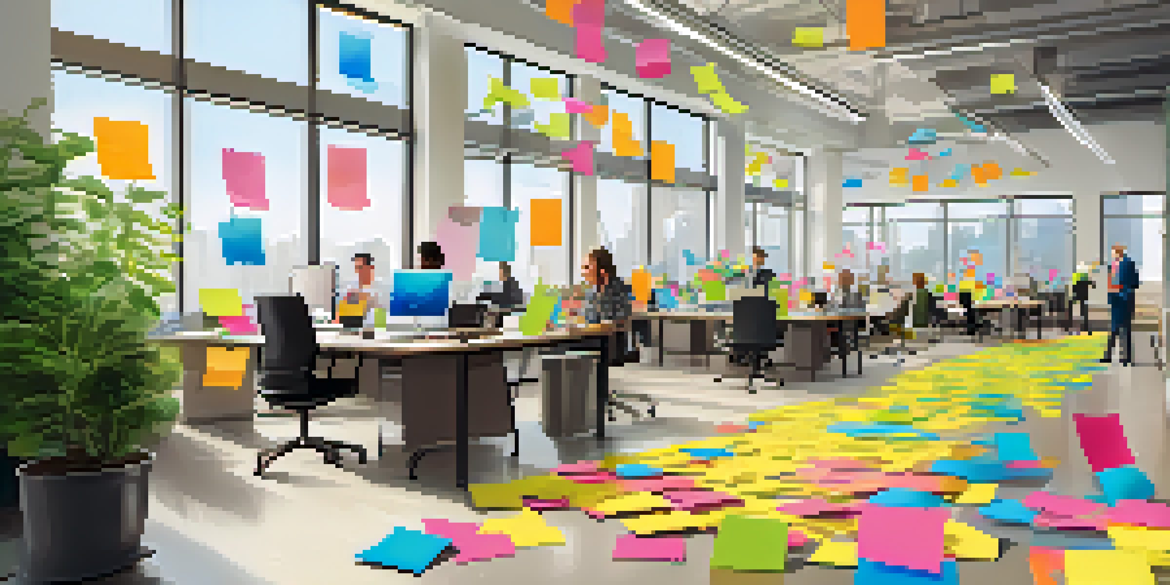 A vibrant office scene where diverse employees are collaborating at a large table filled with colorful post-it notes and laptops, surrounded by bright natural light and plants.