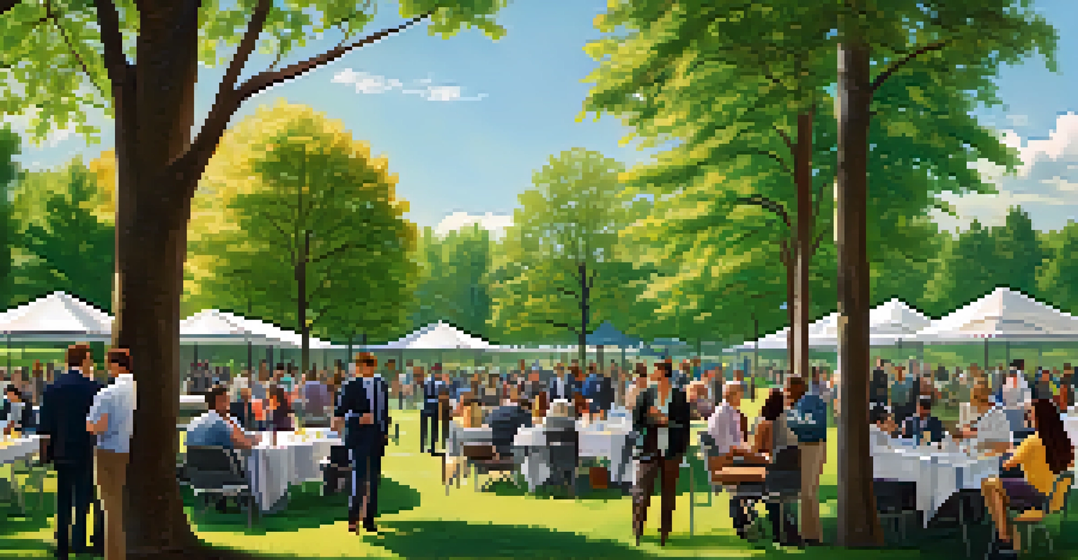 A lively outdoor networking event in a park with professionals conversing around picnic tables.