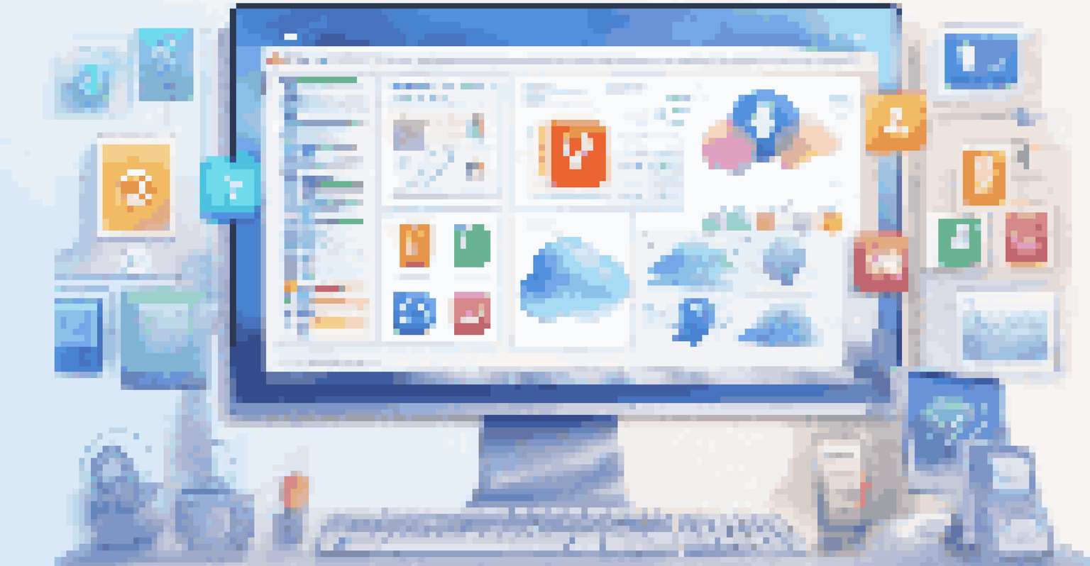 A computer screen displaying colorful icons of various digital collaboration tools in a visually appealing layout against a soft blue and white background.
