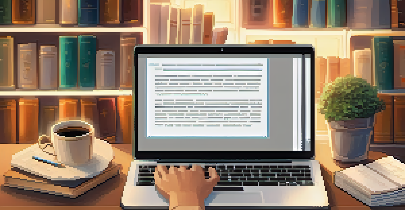 Close-up of hands on a laptop showing an online learning platform, with books and notes around, in a cozy setting.