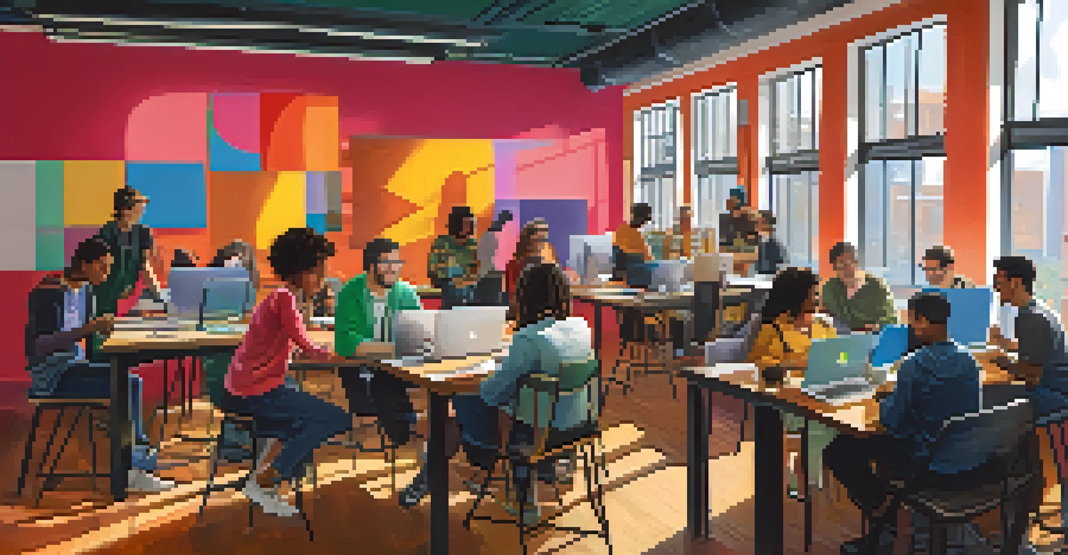 A diverse group of gig workers collaborating around a table with laptops and notebooks in a modern indoor space.