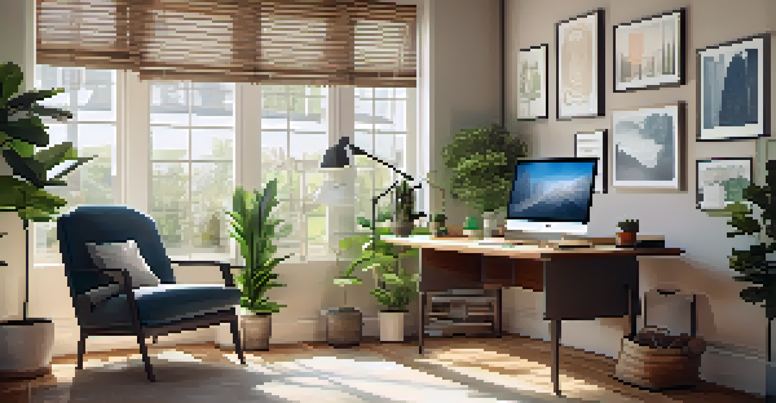 A modern office space designed for work-life balance, with a desk, laptop, plants, and natural light.