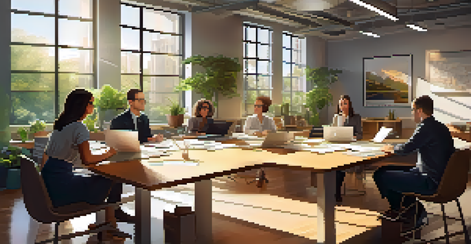 A diverse group of colleagues in an office setting discussing feedback around a table with laptops and papers, illuminated by sunlight.
