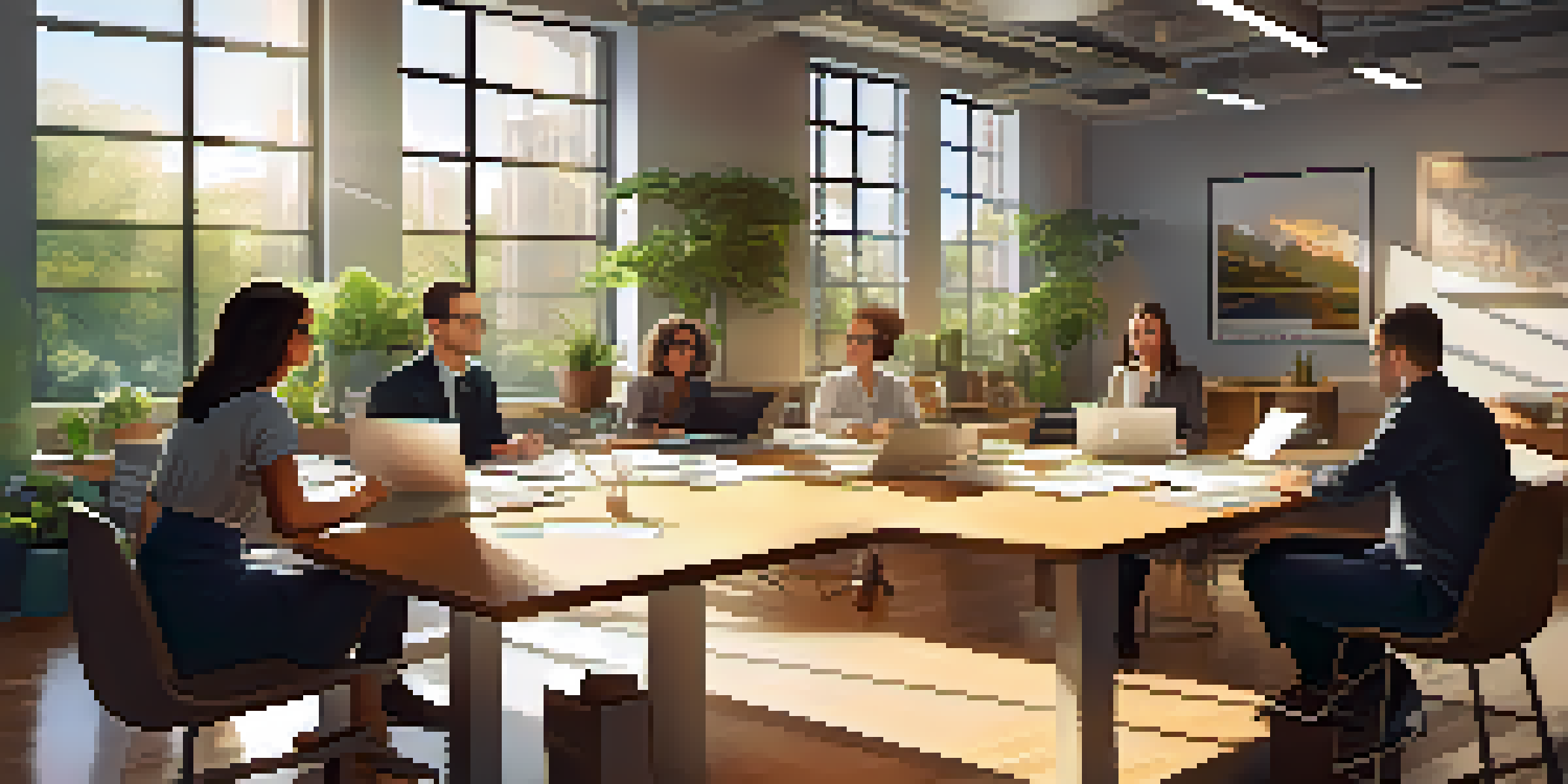 A diverse group of colleagues in an office setting discussing feedback around a table with laptops and papers, illuminated by sunlight.